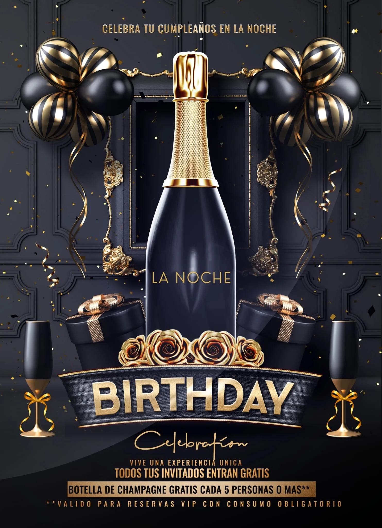 Luxury champagne bottle centerpiece for La Noche birthday celebration, black and gold decor, balloons, champagne flutes, and upscale nightlife atmosphere.