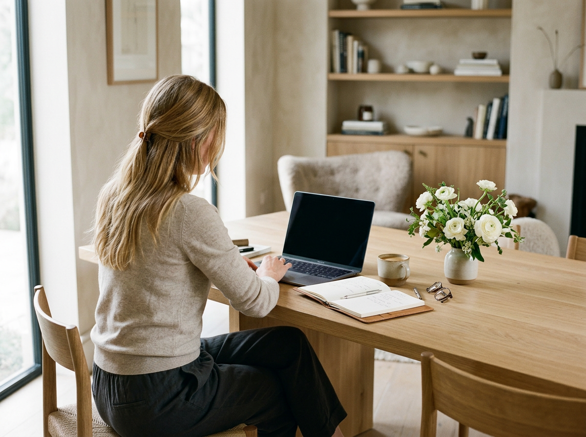 A woman with long blonde hair sitting at a wooden dining table typing on a laptop. The table has a notebook, a cup, and a pair of glasses on it. There is a vase with white flowers on the table. In the background, there are beige chairs, wooden shelves with books and decor, and large windows with natural light.