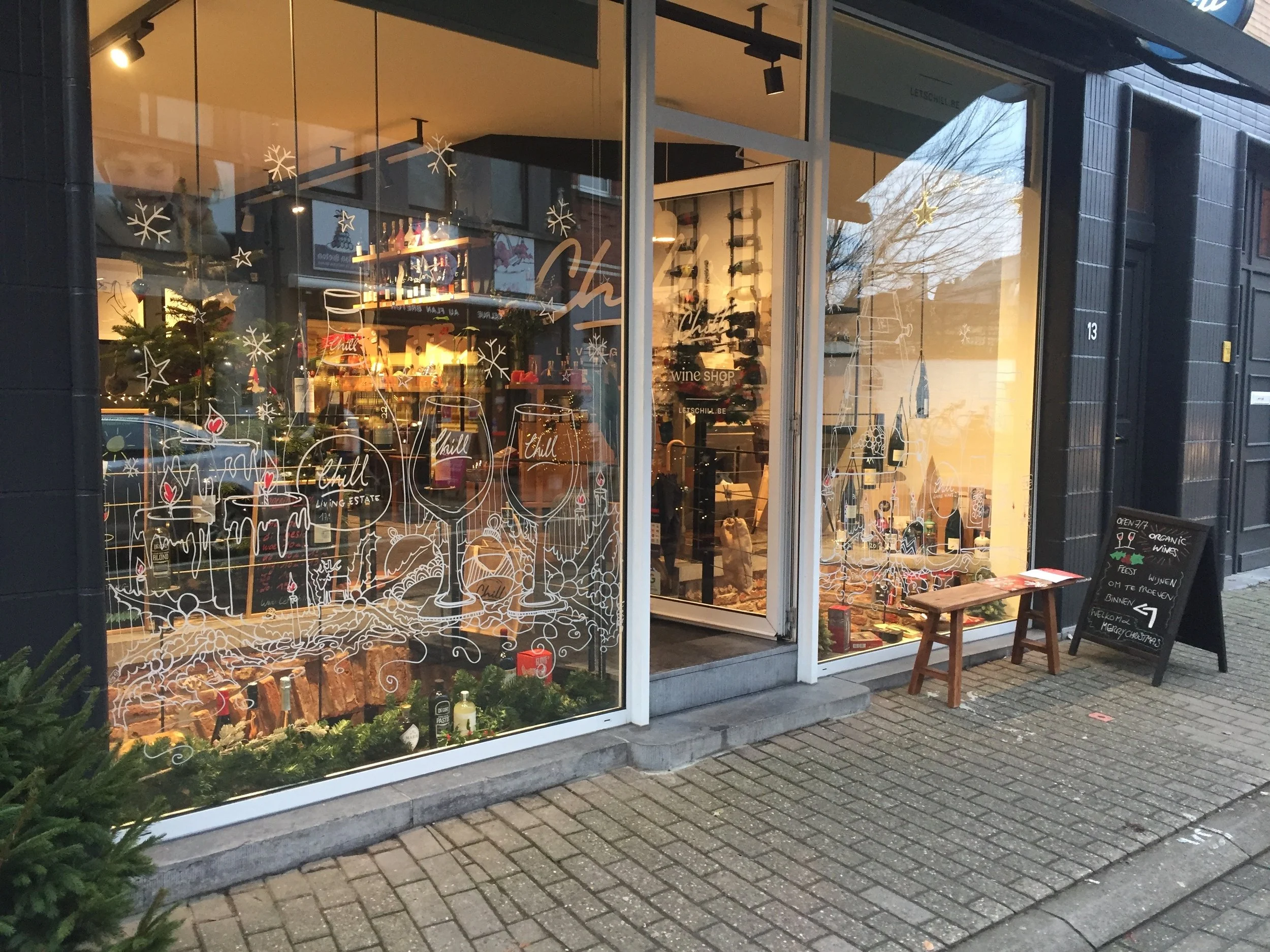 Christmas window art for Chill Living Wines