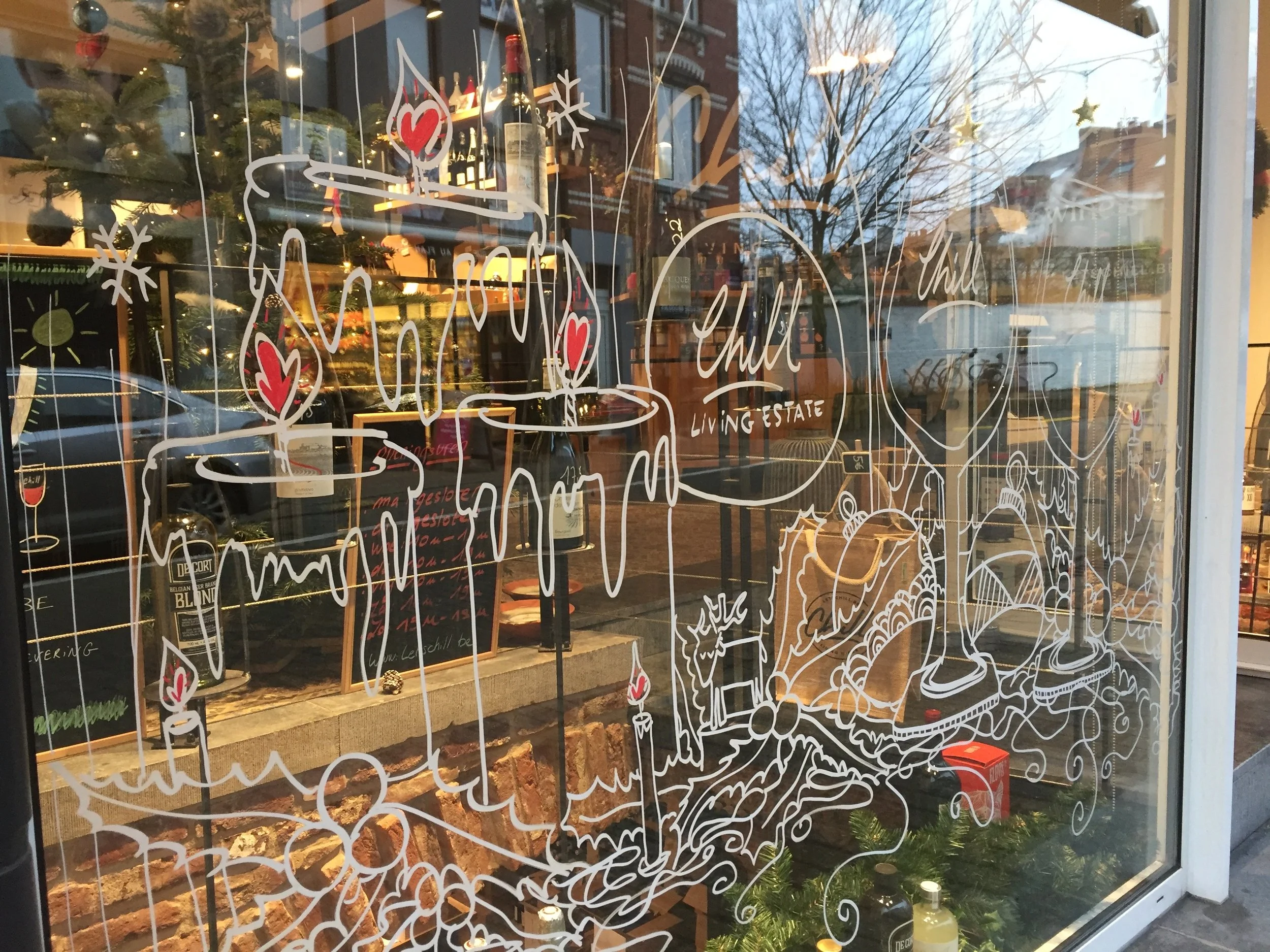 Christmas window art for Chill Living Wines