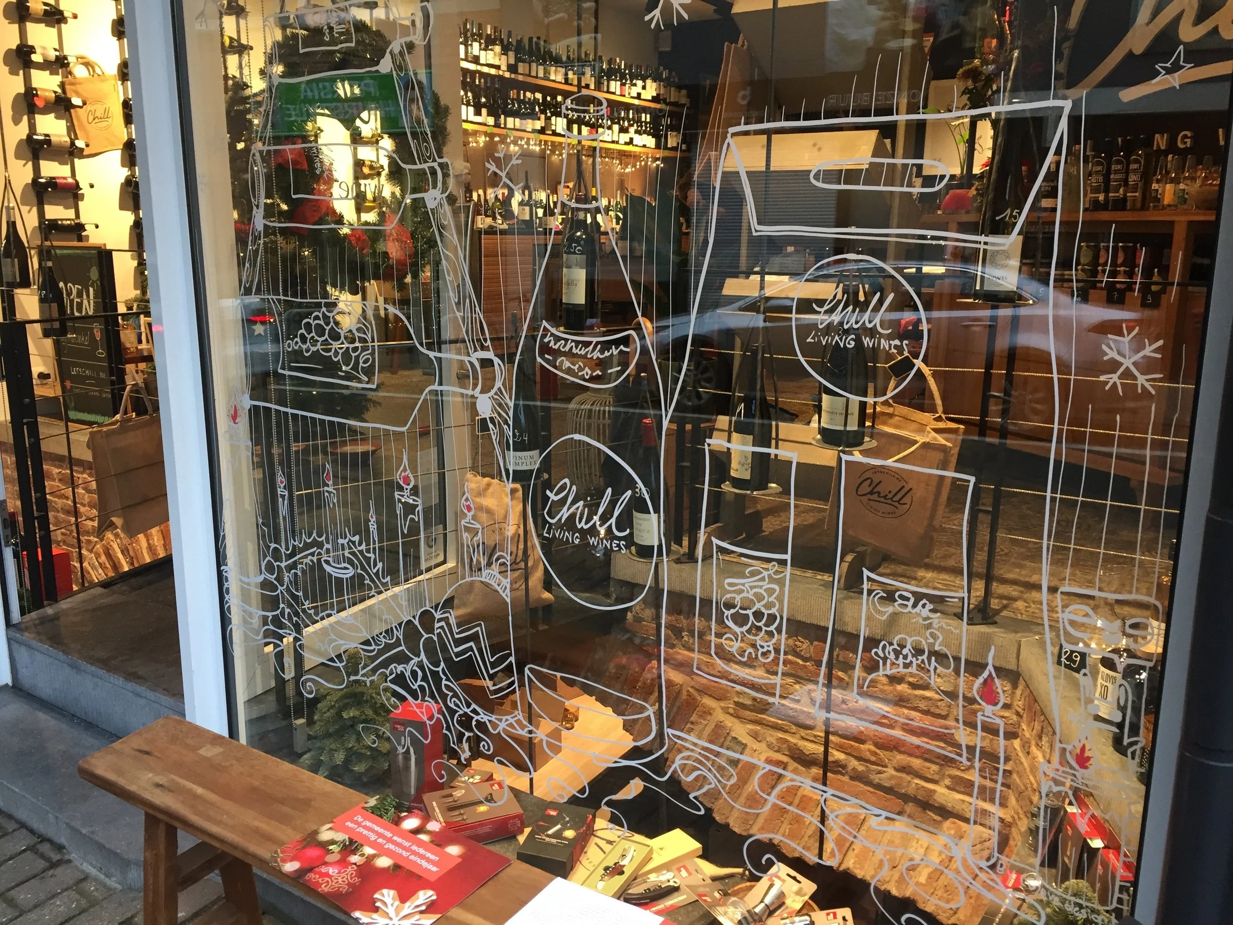 Christmas window art for Chill Living Wines
