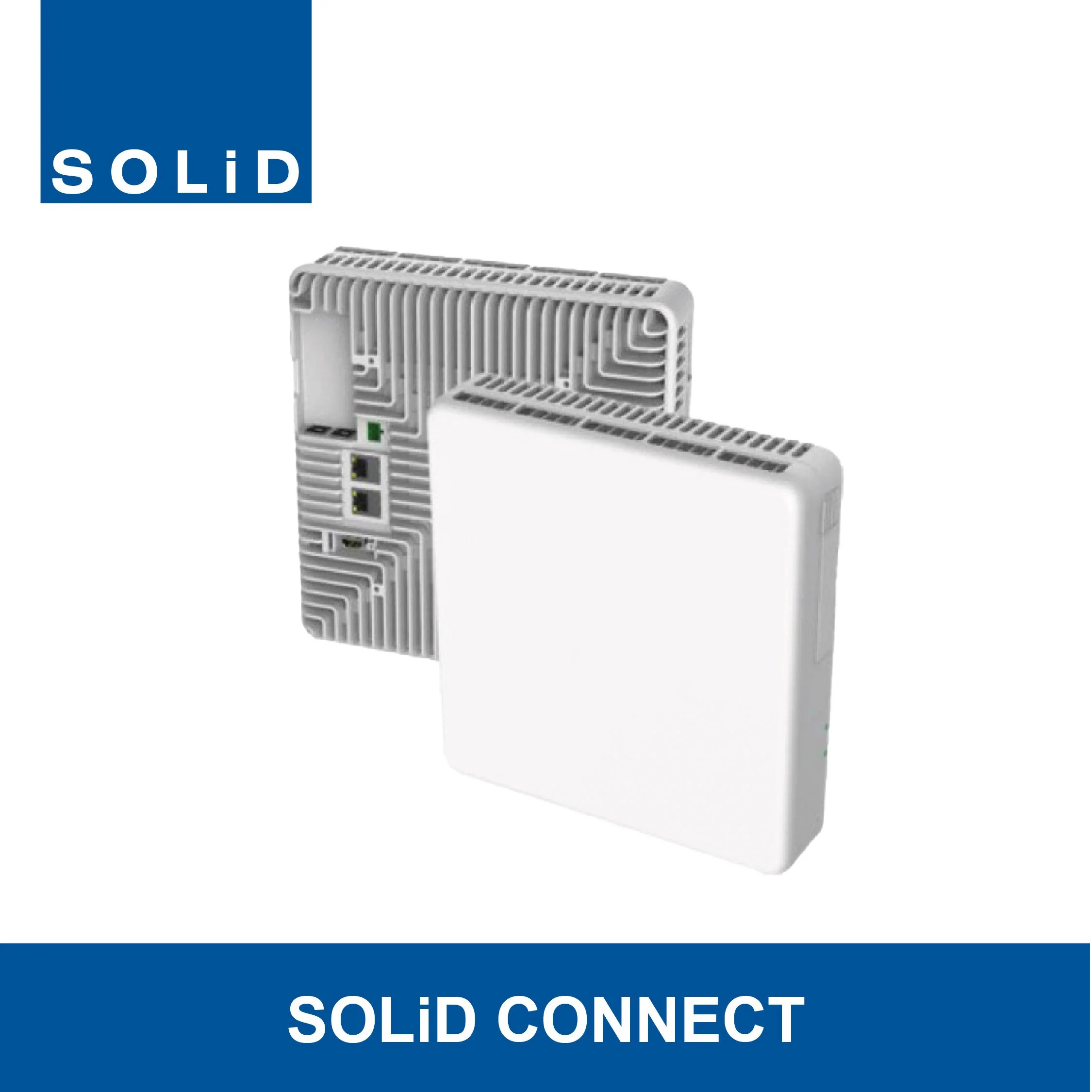 A white network device with a cooling grille design and the text 'SOLID' in a blue square and 'SOLID CONNECT' in bold white letters on a blue background.