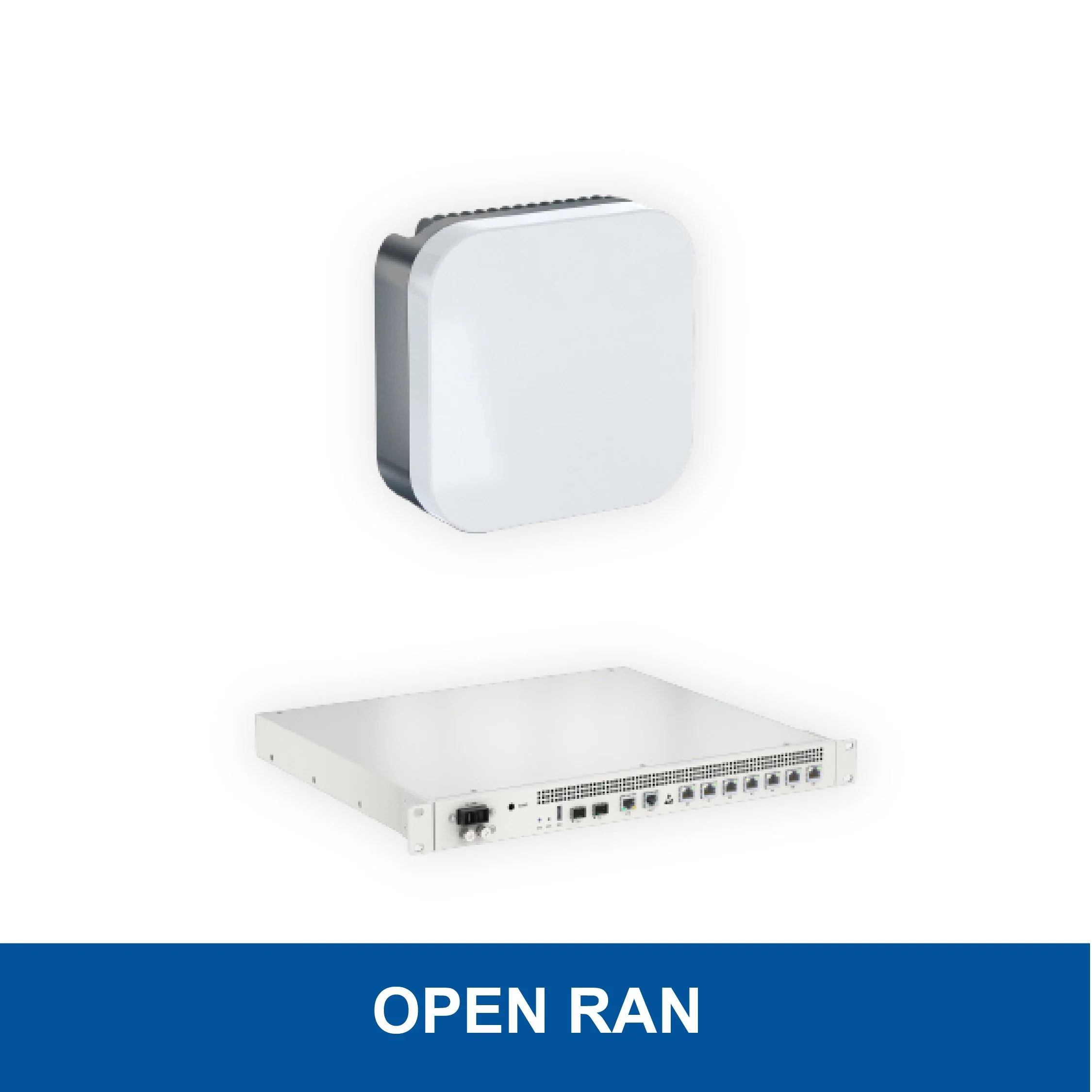 Wireless access point mounted above a network switch with the text 'Open RAN' at the bottom.