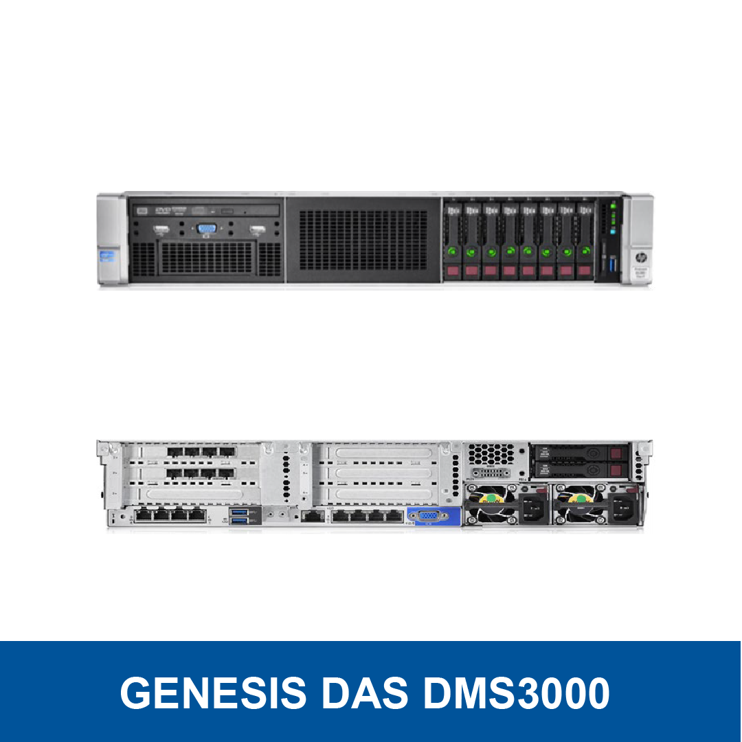 Front and back views of a Hewlett Packard Enterprise GENESIS DAS DMS3000 server, a rack-mounted data management system
