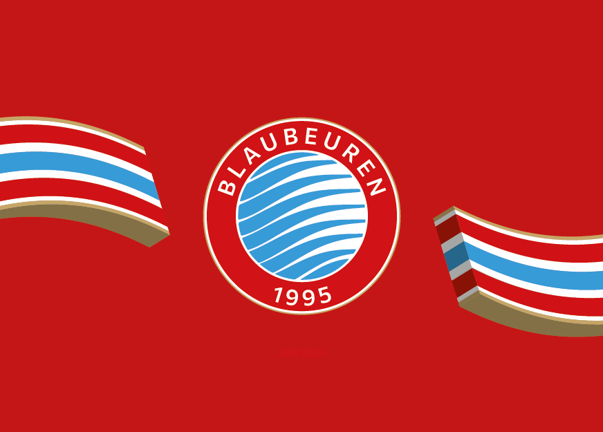Das Bild zeigt das Logo von FC Blaubeuren auf rotem Hintergrund, umgeben von bunten, wellenförmigen Streifen in den Farben Rot, Blau, Weiß und Gold.