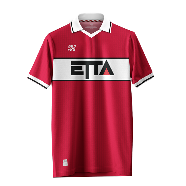 Rotes Fußballtrikot mit weißen und schwarzen Akzenten, Marke Bald Pro, mit großer Sponsor-Logo 'ETA' auf der Brust.