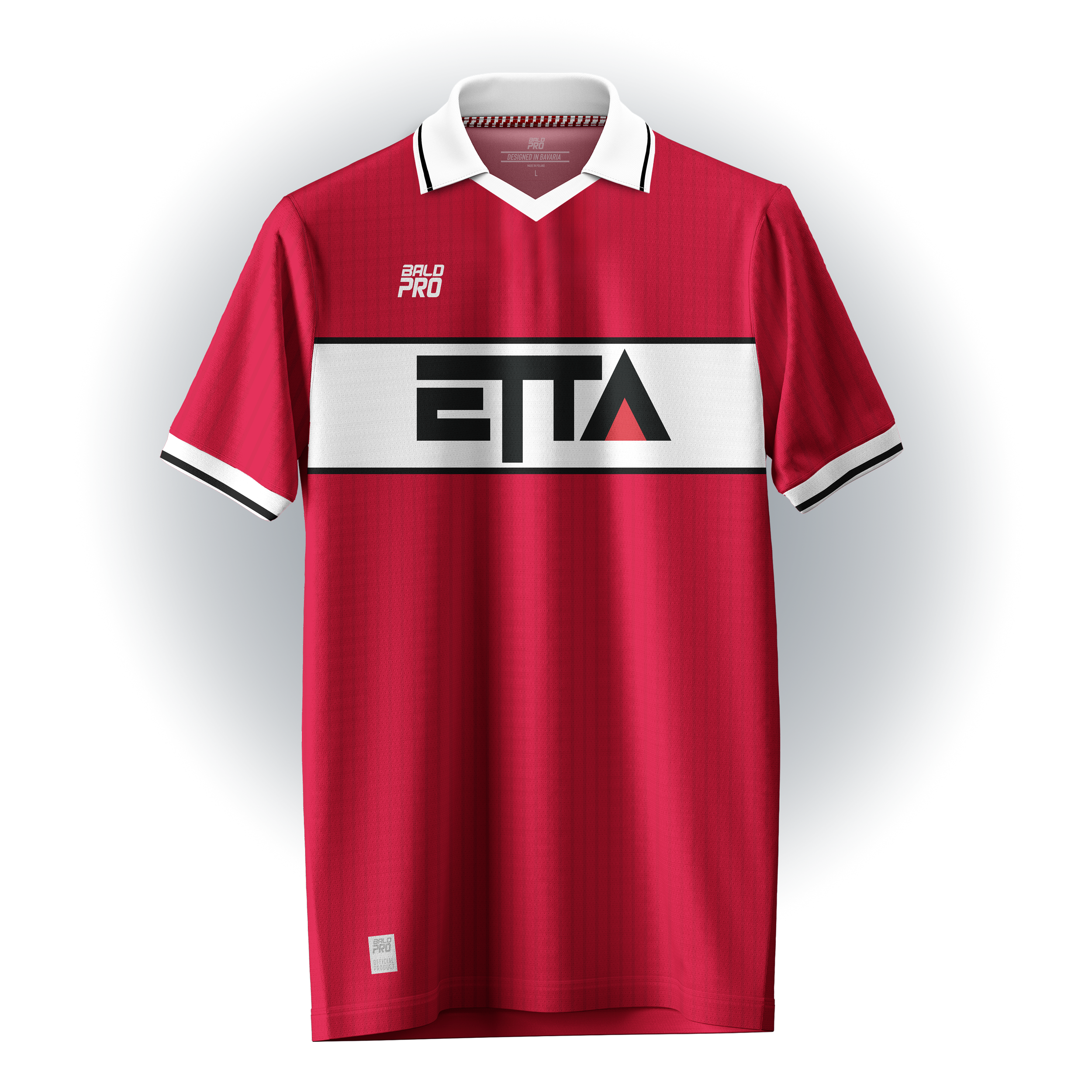 Rotes Sporttrikot mit weißen und schwarzen Akzenten, Logo auf der Brust, Kragen mit weißen und schwarzen Streifen.