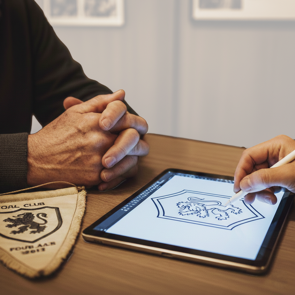 Person zeichnet ein Wappen auf ein Tablet, neben einer Person mit verschränkten Händen und einer Vereinsfahne mit Löwe-Logo auf einem Tisch.