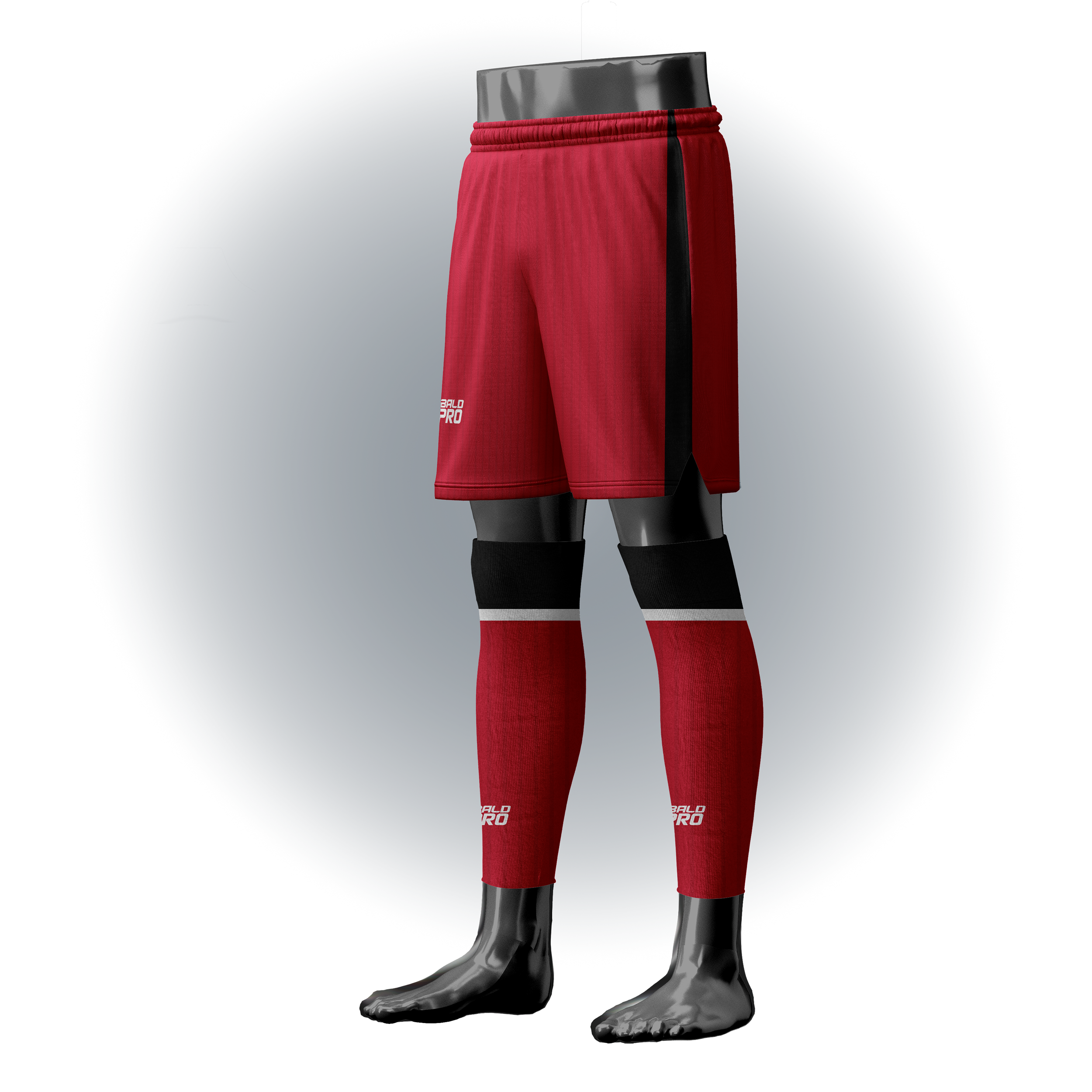 Rote Fußballhose, schwarzer Bund, schwarze und rote Stulpen, sportliche Bekleidungsstücke für Fußball, auf einem schwarzen mannequin.