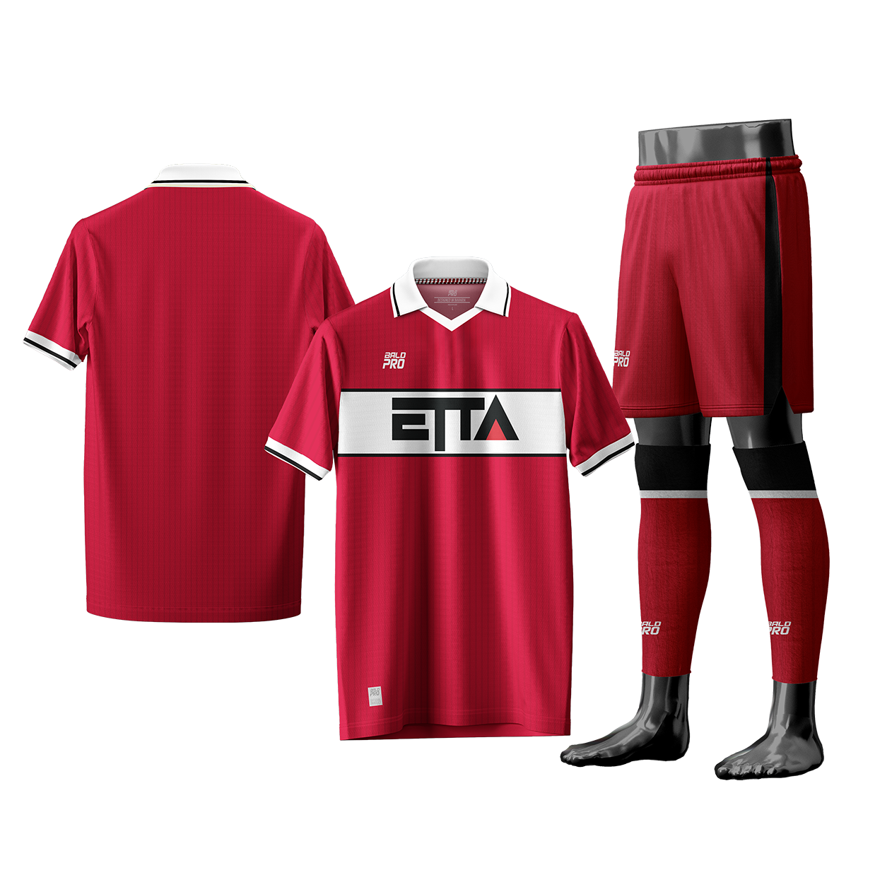 Rote Fußballtrikots, Shorts und Stutzen auf Mannequins, mit weißen und schwarzen Akzenten und Logos, für einen Sportverein oder ein Team.