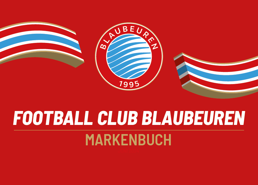 Das Bild zeigt das Markenbuch des Fußballclubs Blaubeuren mit dem Logo, dem Gründungsjahr 1995, und rot-blau-weißen Gestaltungselementen auf rotem Hintergrund.
