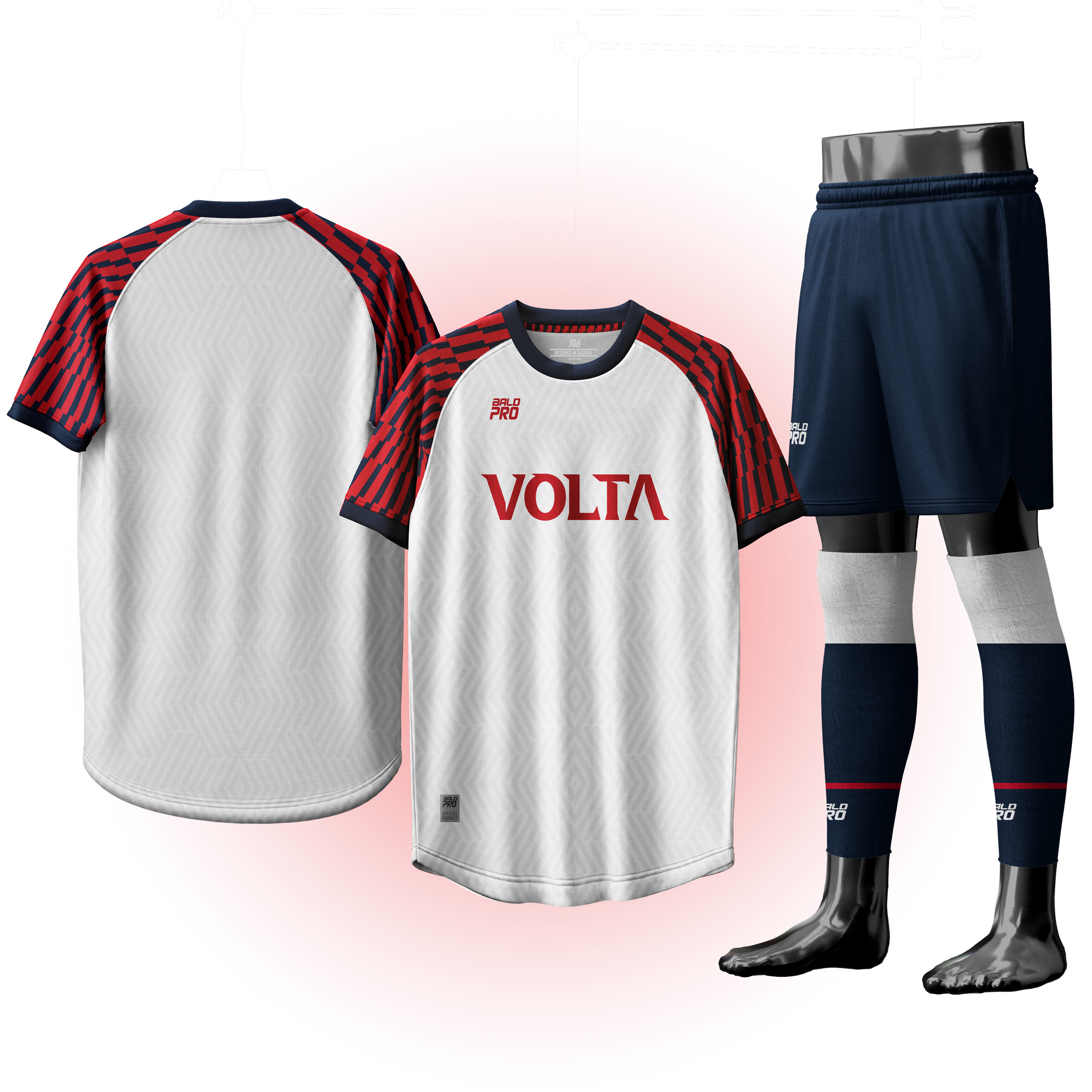 Sporttrikots und -hosen auf schwarzen Mannequin-Beinen mit rotem Hintergrund und technischen Linien im Hintergrund