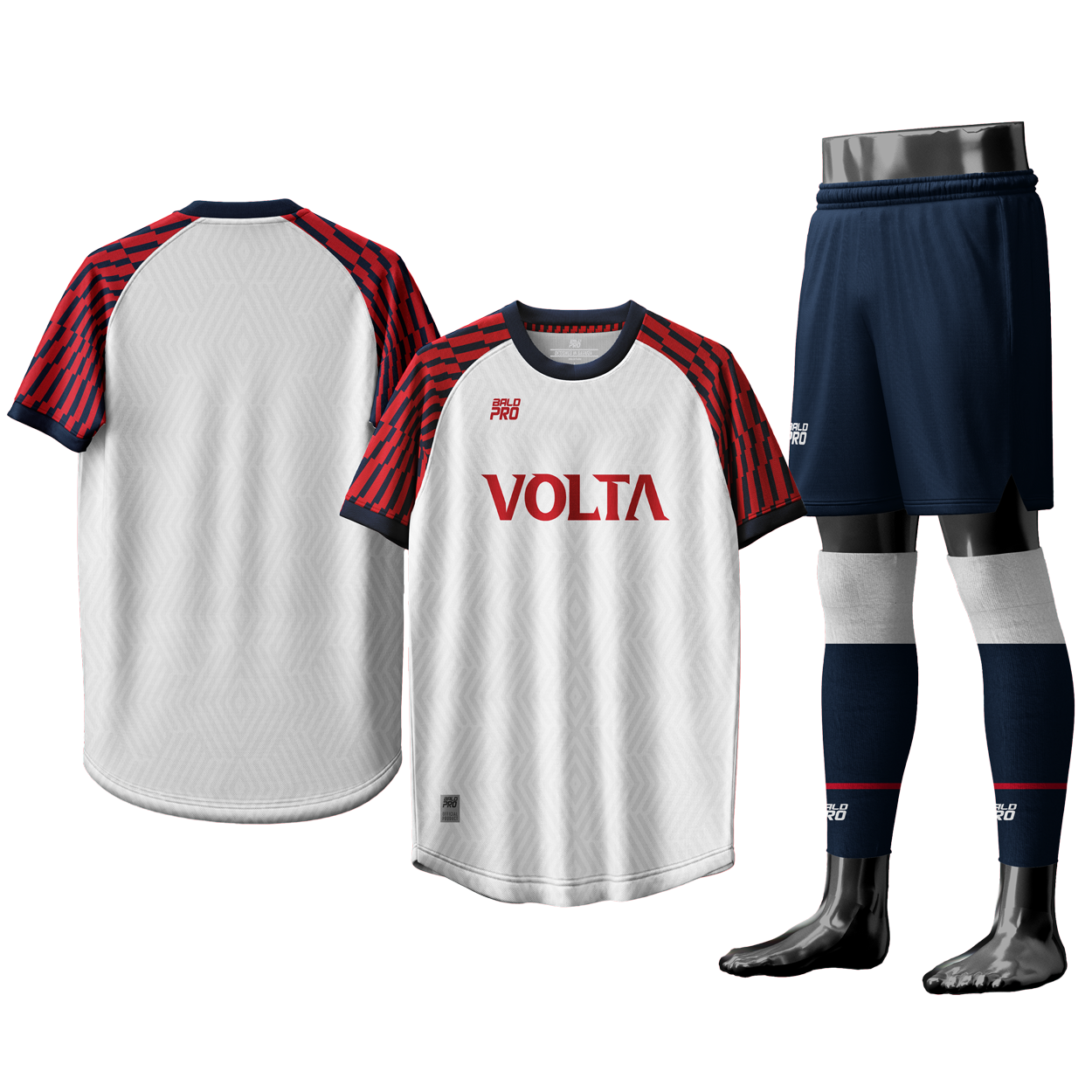 Fußballtrikots und -shorts, hauptsächlich weiß mit roten und schwarzen Mustern, auf mannequinen