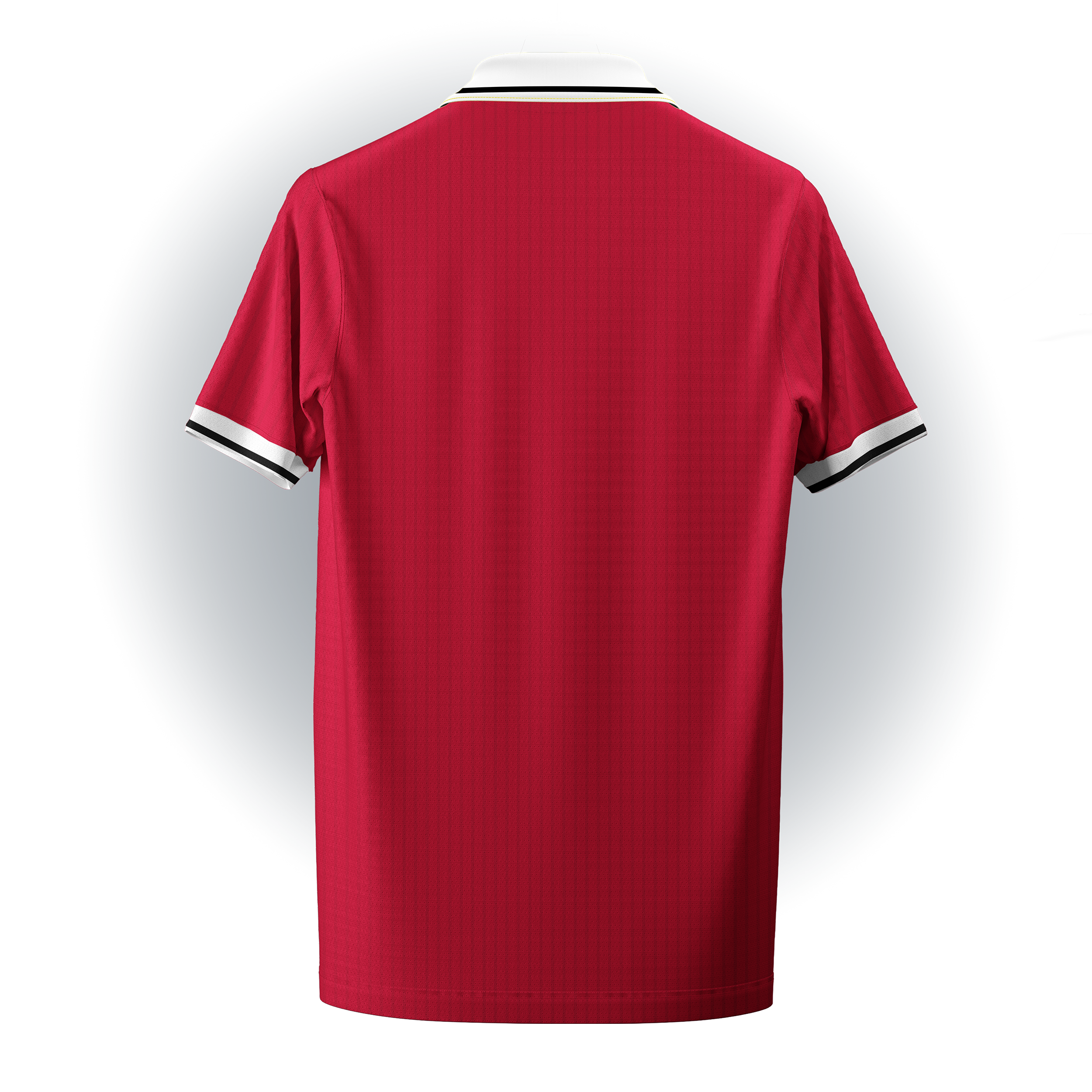 Ein rotes Trikot mit weißen und schwarzen Streifen am Kragen und an den Ärmeln, das auf einem Kleiderbügel hängt.