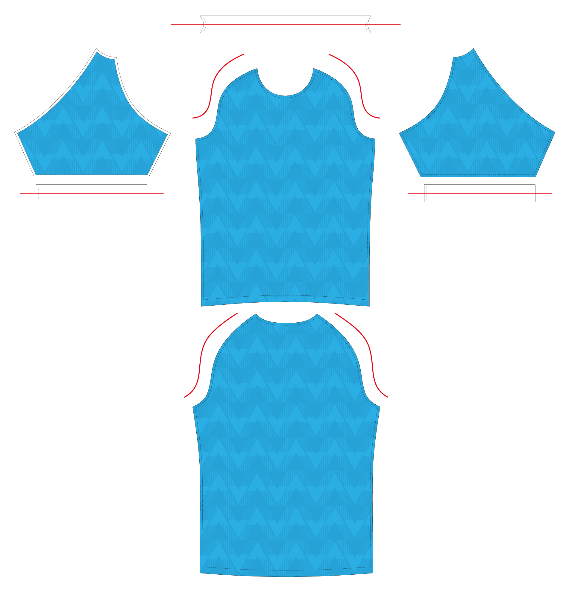 Schneidermuster für eine Kleidung, bestehend aus drei einzelnen Stoffstücken in Blau mit einer Chevron-Muster. Die Stoffstücke sind rechts und links für die Arme und vorne für den Körper, mit roten Linien, die die Schnittlinien markieren.