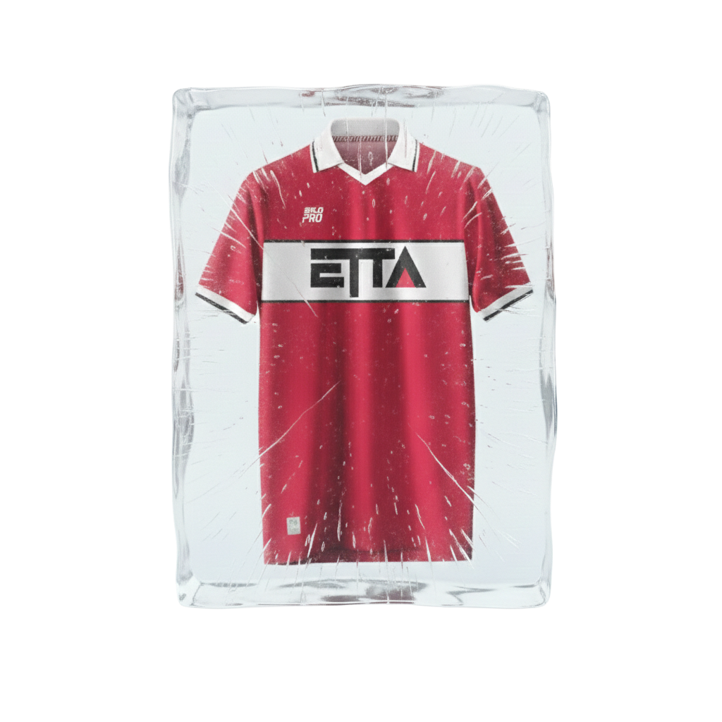 Ein rotes Fußballtrikot, eingeschlossen in einem Eisblock.