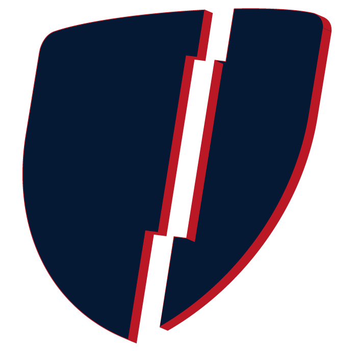 Ein ovales Logo mit dunkelblauer Oberfläche, durchgeschnitten in zwei Hälften, mit roter Kontur und schwarzen vertikalen Linien in der Mitte.