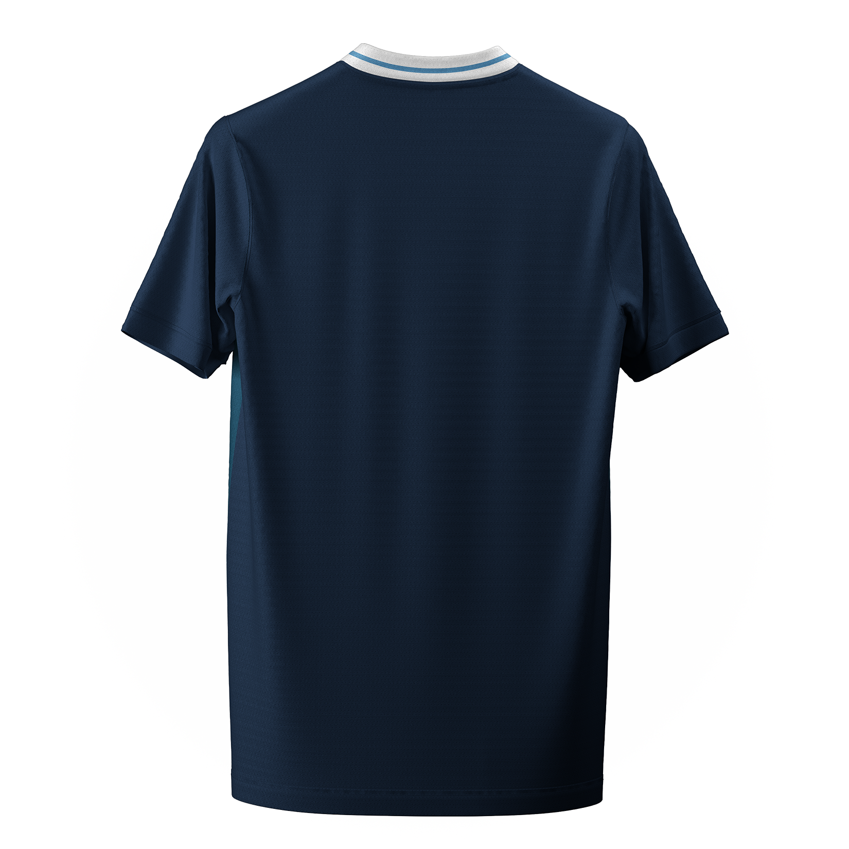 Rückseite eines dunklen, kurzen Sportshirts mit weißen und blauen Streifen am Kragen.