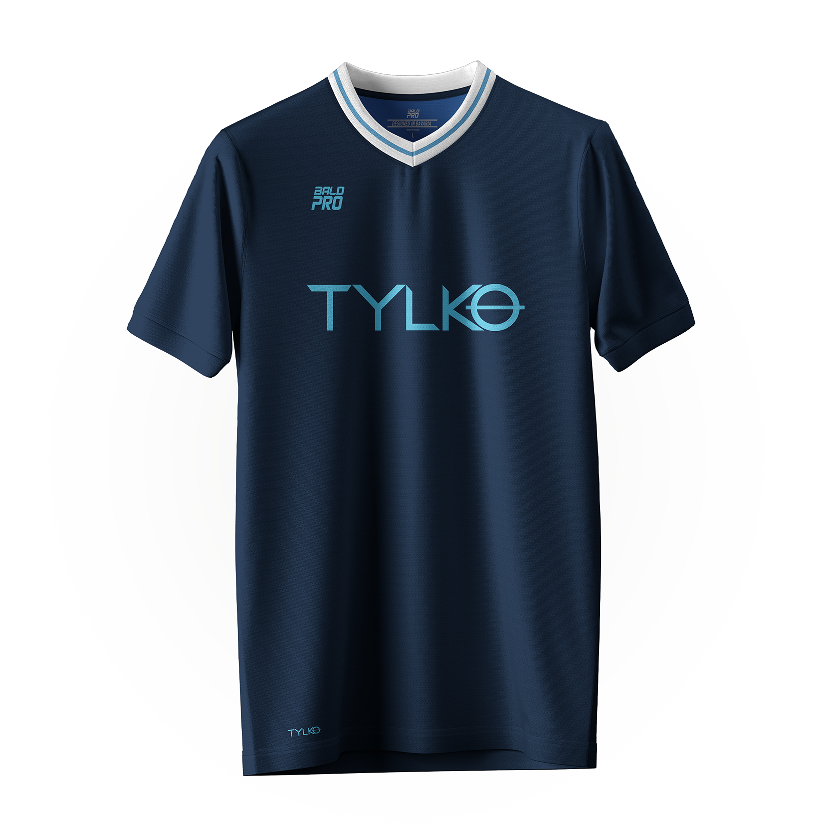 Dunkelblaues Sporttrikot mit weißen und hellblauen Details, Markenlogos und großem Schriftzug in der Mitte.