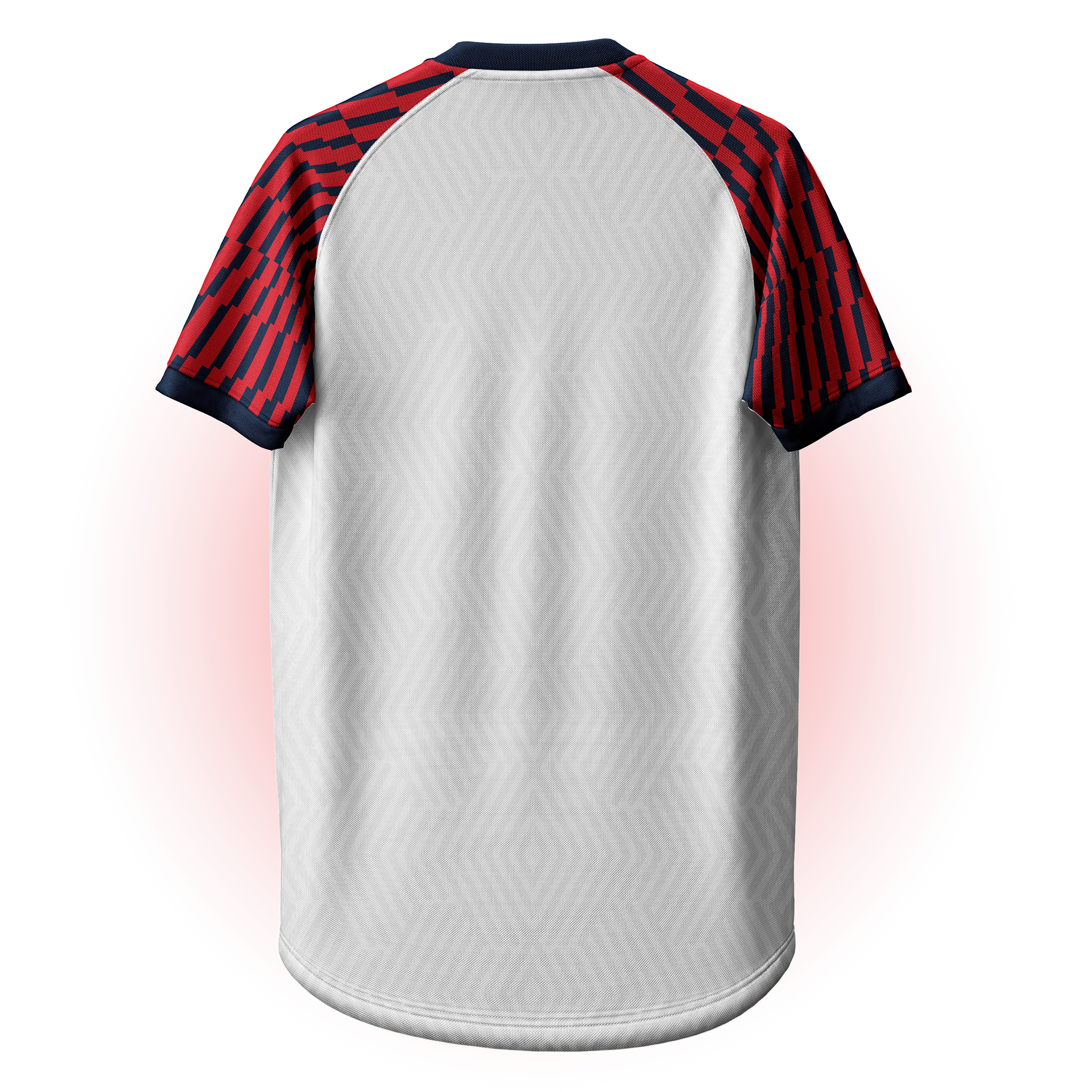 Ein Sports jersey mit weißem Körper und roten und blauen gestreiften Ärmeln, vor einem rot-schwarzen Hintergrund.