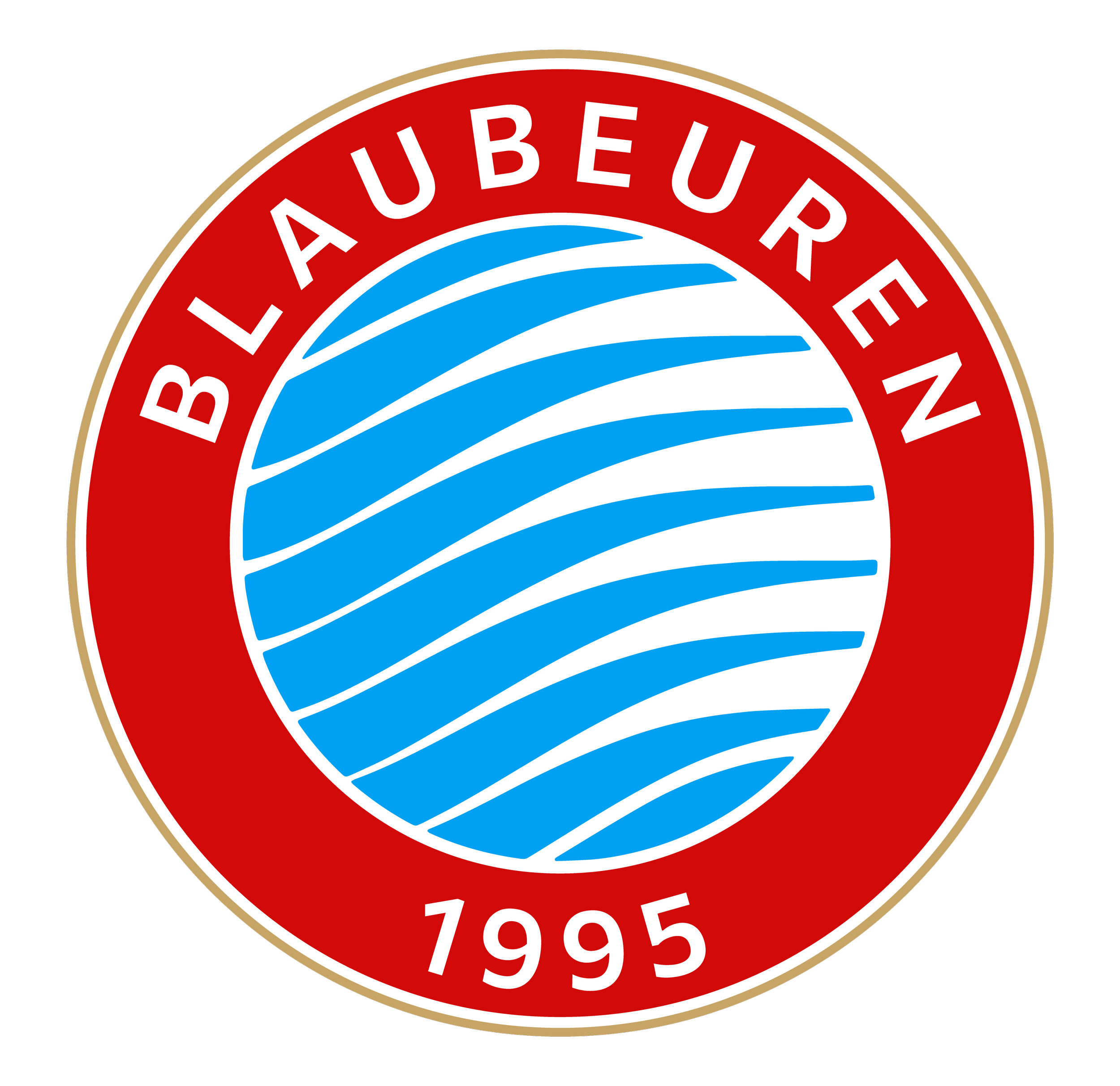 Das Logo der Marke Blaubeeren, bestehend aus einem blauen, stilisierten Blaubeer-Design in der Mitte, umgeben von einem roten Kreis mit weißem Text "Blaubeuren" oben, und "1995" unten.