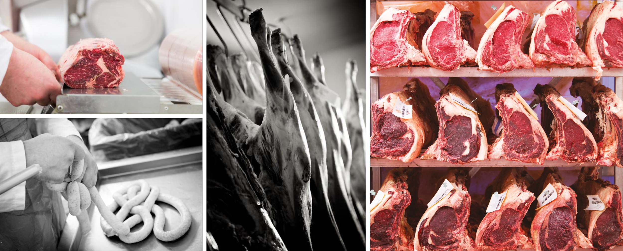 Collage of three images depicting meat processing: the first shows a person slicing a large cut of beef on a band saw, the second displays multiple lamb carcasses hanging in a black-and-white butchery, and the third features shelves stocked with beef cuts in a butcher shop.