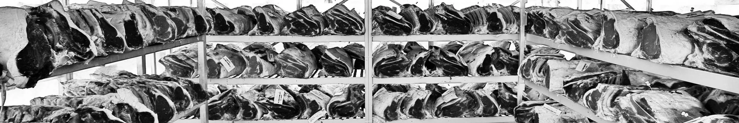 Multiple cuts of raw beef stored on metal shelves in a meat processing or storage facility.