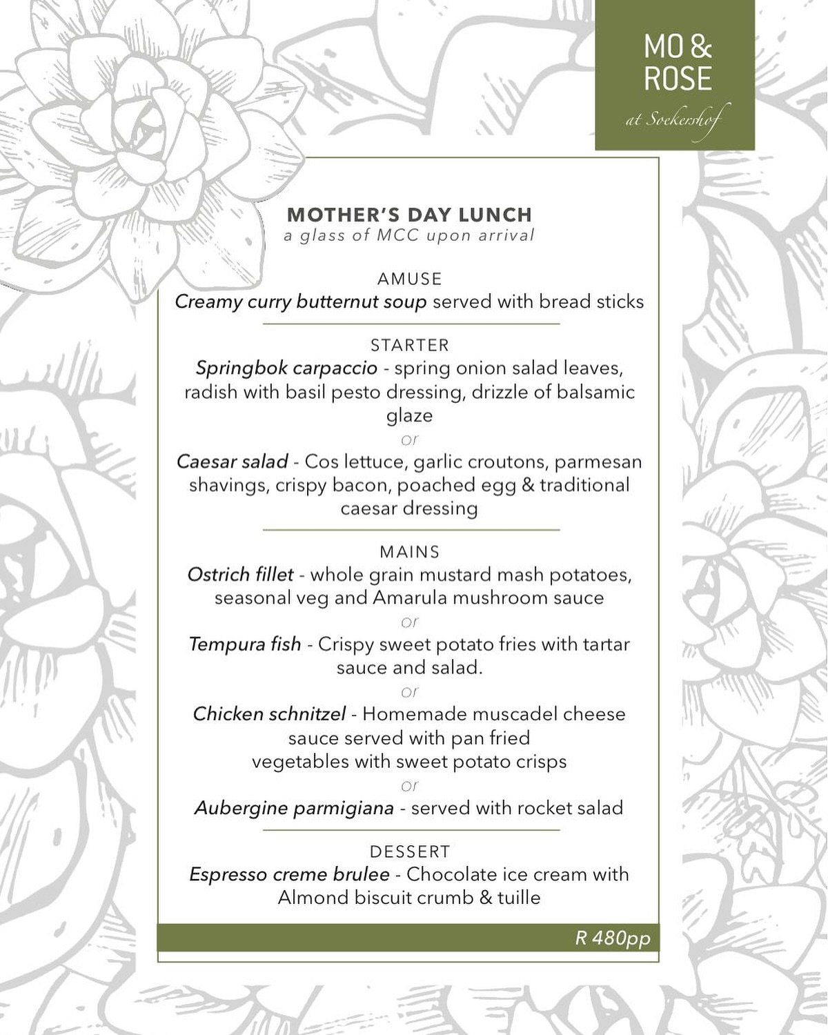 Mothers Day Menu at MO&amp;Rose. Book to avoid dissappintment.