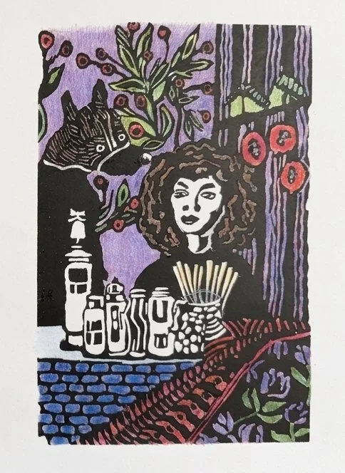 Coffee shop, Hanoi, Vietnam. Linogravure & Prisma color pencils, 6 x 9 inches