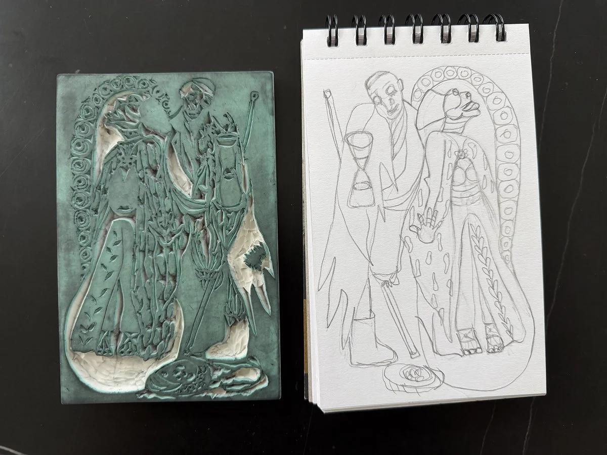 A sample of Rufina Shteynberg’s original pencil drawing morphing into a hand-carved Hanko block, ready to be inked and hand-printed.