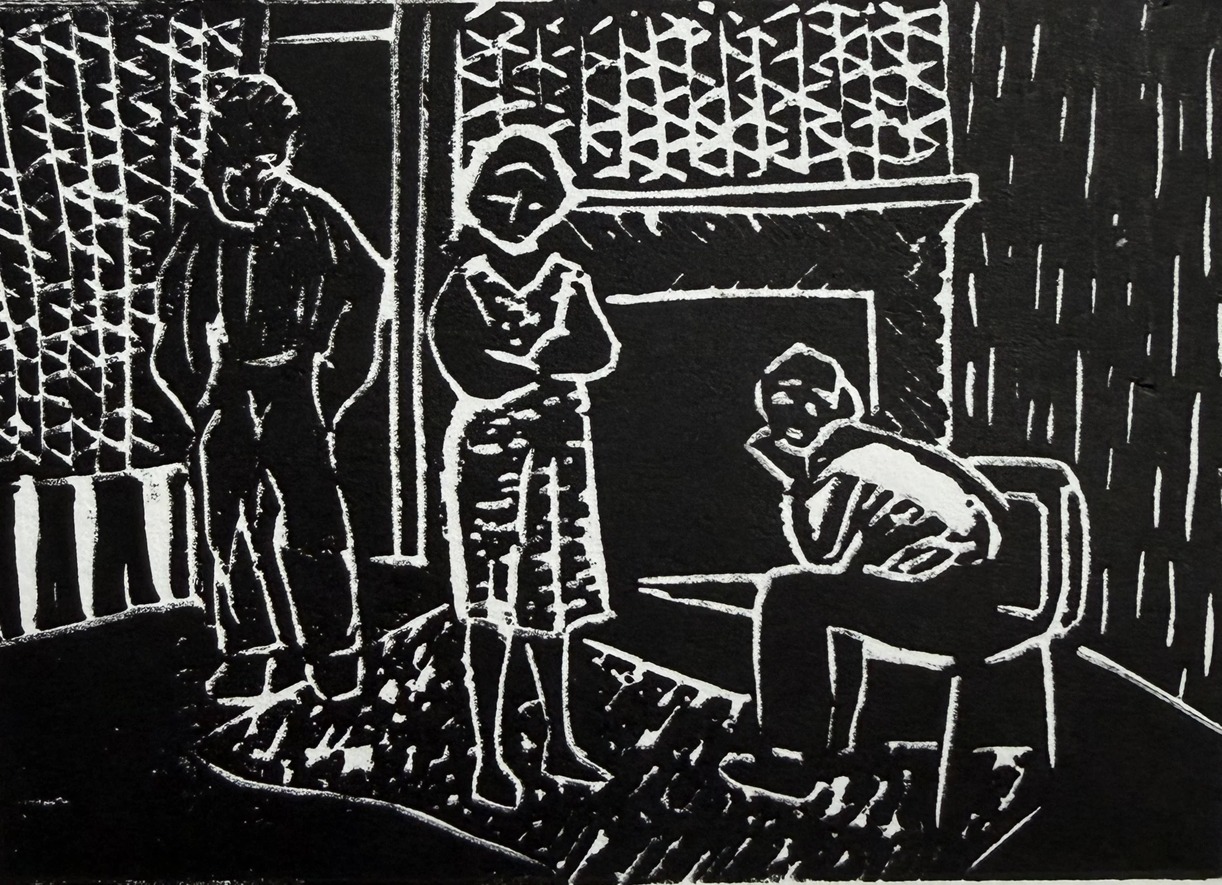 Someone at the door
linogravure 3.5 x 2.5