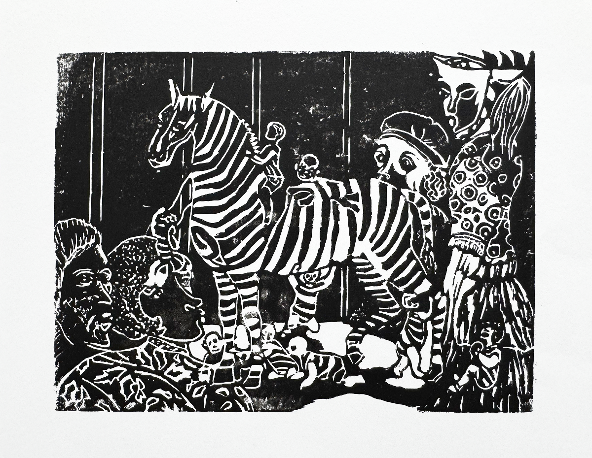Playground with zebras. Linogravure, 6 x 9 inches
