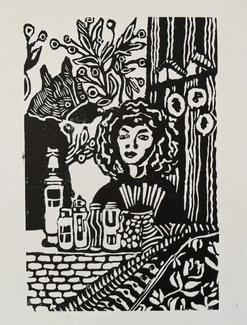 Coffee shop, Hanoi, Vietnam. Linogravure, 6 x 9 inches