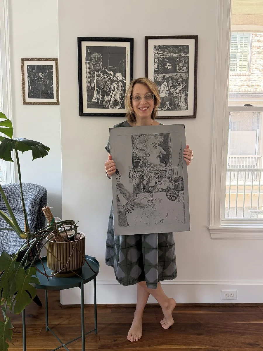 Rufina Shteynberg holding original aluminum plate of her lithograph