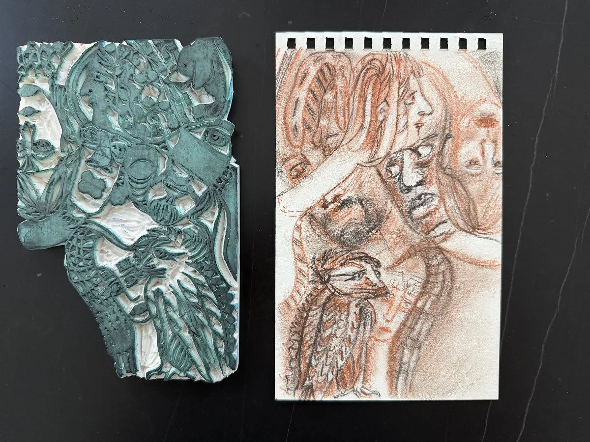 A sample of Rufina Shteynberg’s original pencil drawing morphing into a hand-carved Hanko block, ready to be inked and hand-printed.