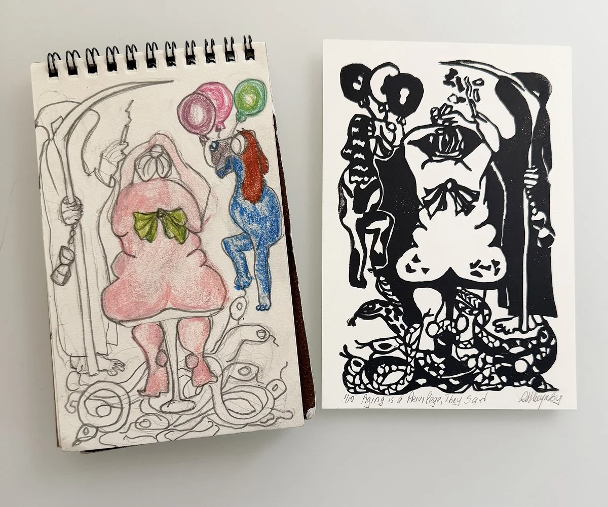 An example of Rufina Shteynberg’s printmaking process, showing how an original drawing is transformed into a hand-carved linoleum block and eventually into a finished linogravure print.