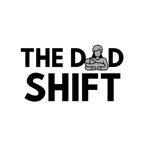 Logo with the text 'The Dad Shift' featuring a cartoon illustration of a man with crossed arms.
