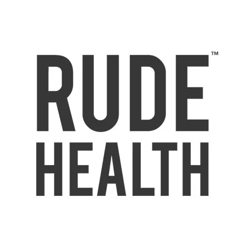 Logo with the words 'RUDE HEALTH' in bold black letters on a white background.
