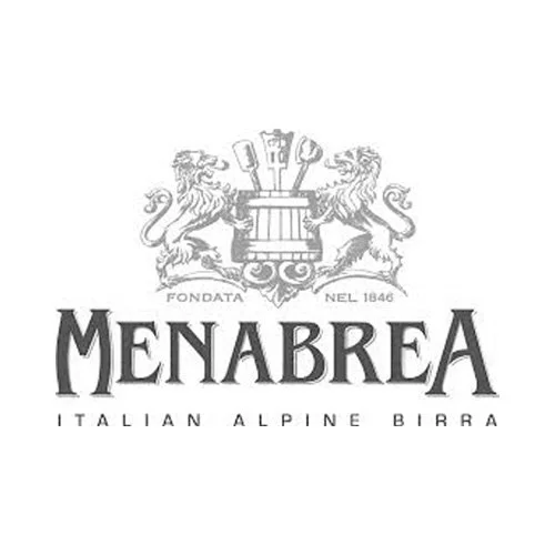 Menabrea logo featuring two lions holding a crest with tools, and the text "FONDATA NEL 1846 MENABREA ITALIAN ALPINE BIRRA."