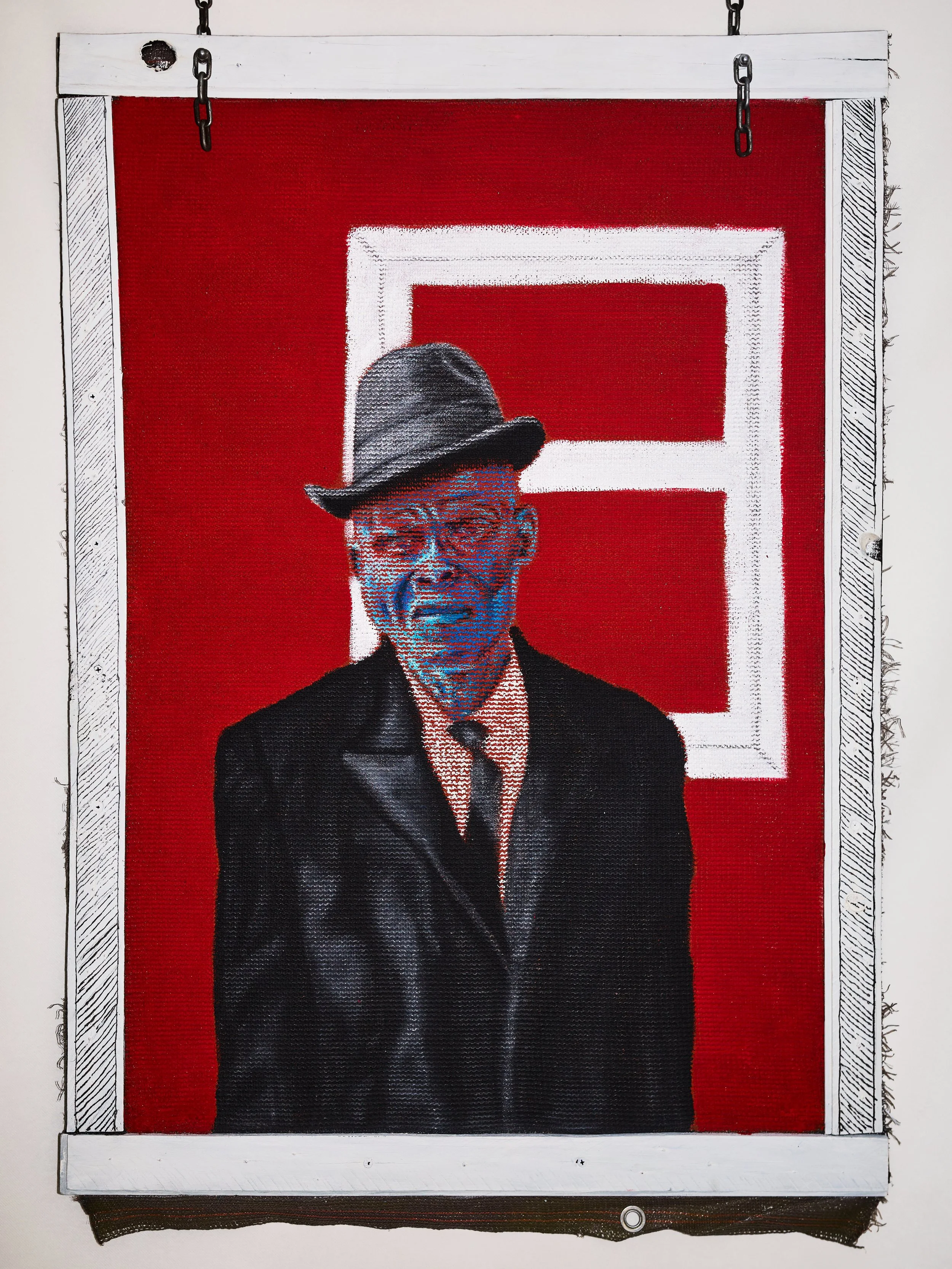 SUITS,
100x70 cm,
oil pastel, acrylic on braided polyethylene framed in wood