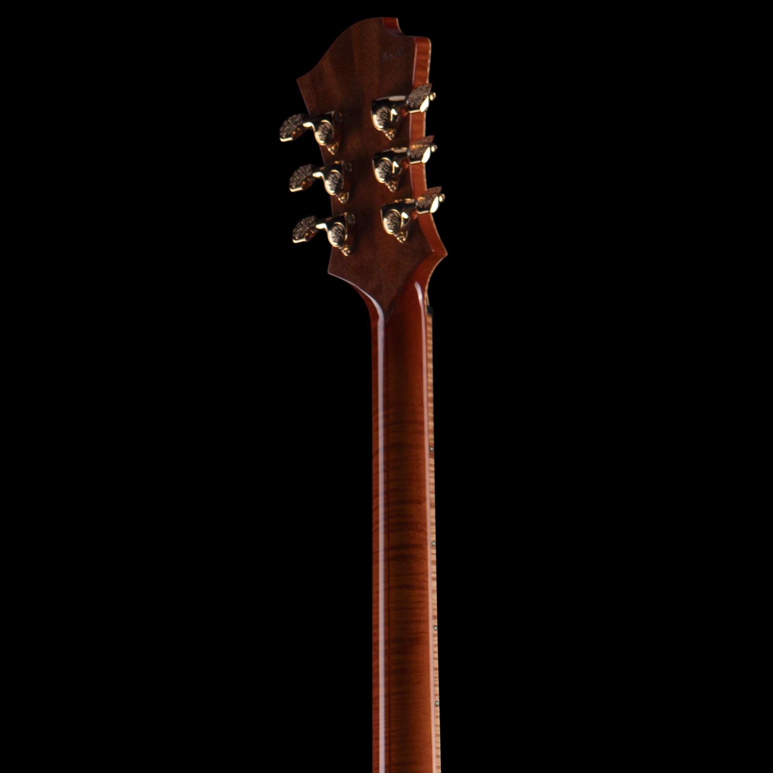 Close-up of the headstock of a wooden Djerjinski guitar with tuning pegs, against a black background.