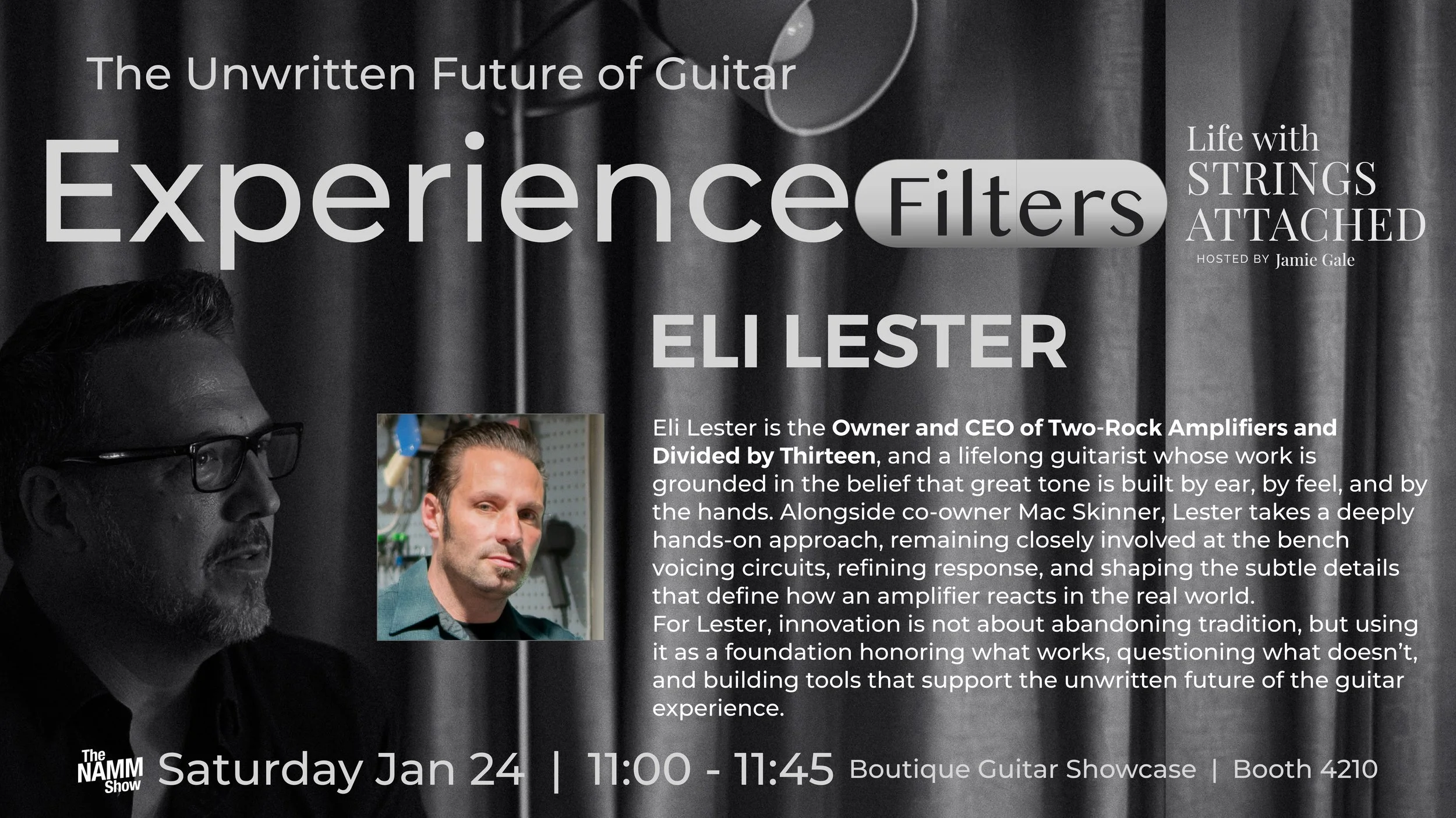 Event poster for an acoustic guitar experience with Eli Lester, hosted by Jamie Gale, scheduled for Saturday, January 24, from 11:00 to 11:45 AM at Booth 4210 in the Boutique Guitar Showcase during NAMM.