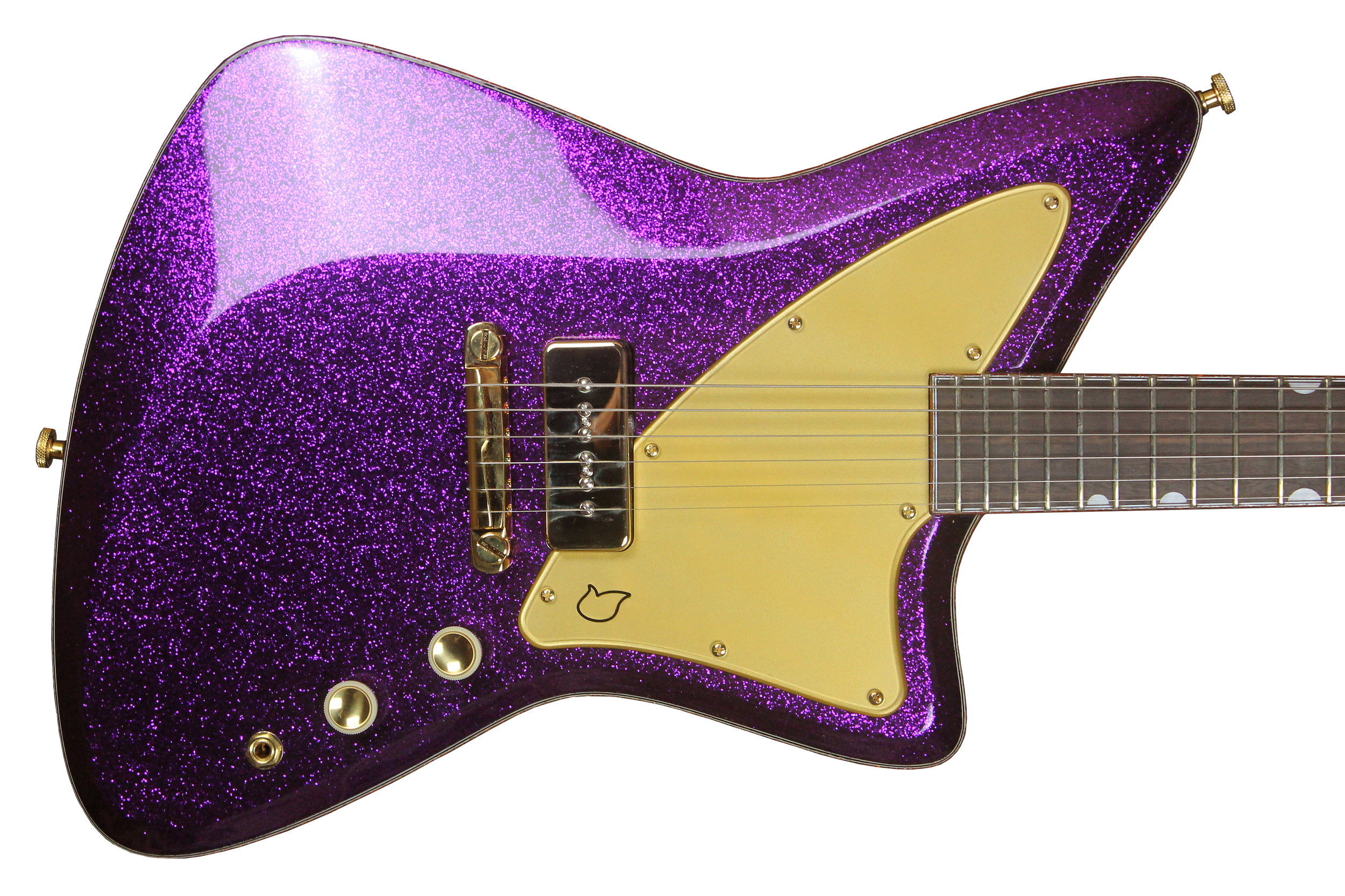 A purple glittery Diego Vila electric guitar with gold hardware and a black pickguard.