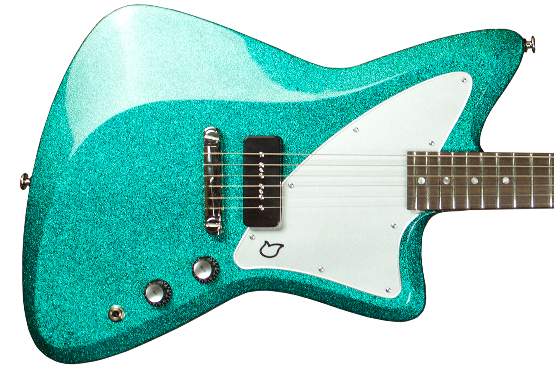A glittery turquoise electric Diego Vila guitar with a white pickguard and brown fretboard.