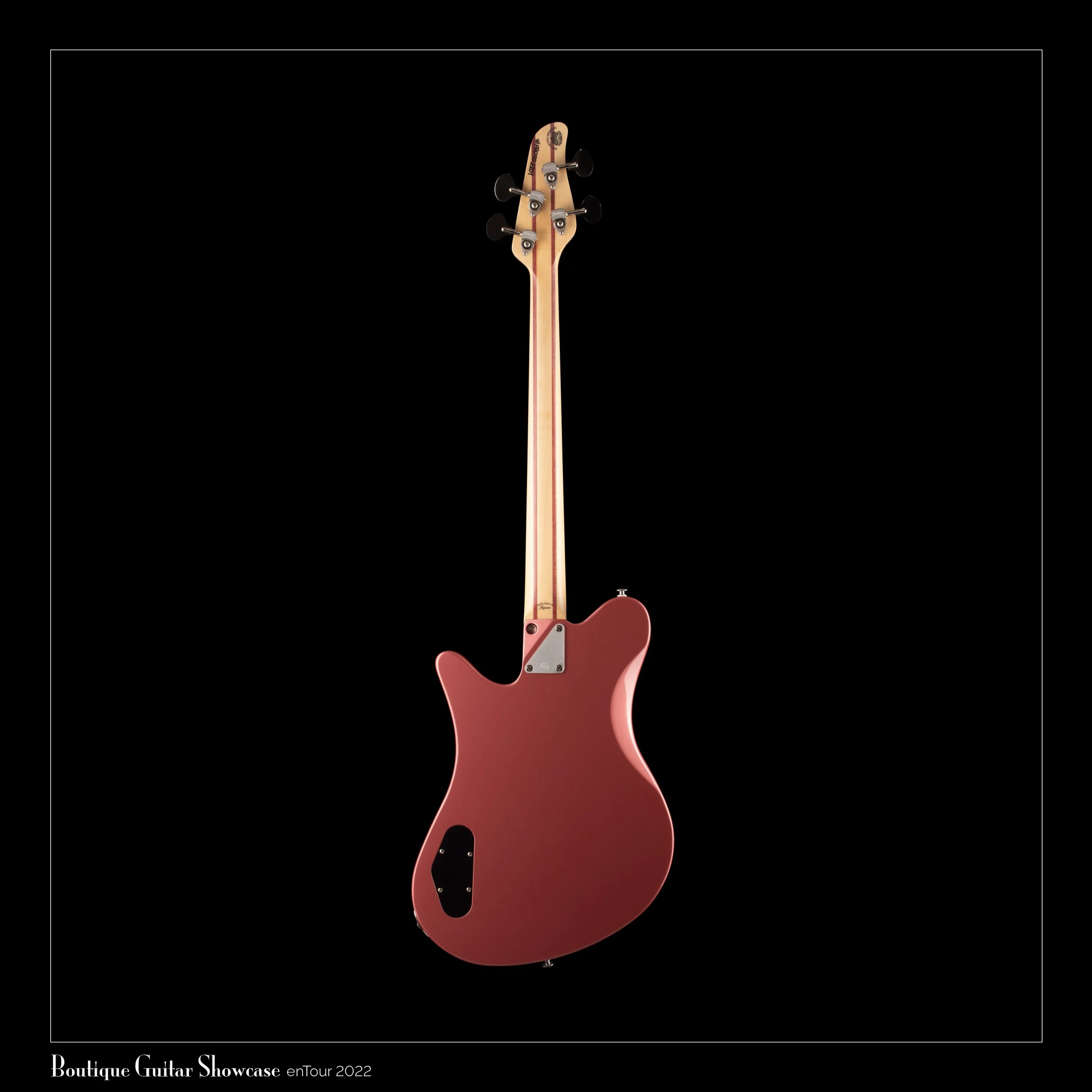 A red electric OOPEGG guitar with a natural wood neck, shown from the back against a black background.