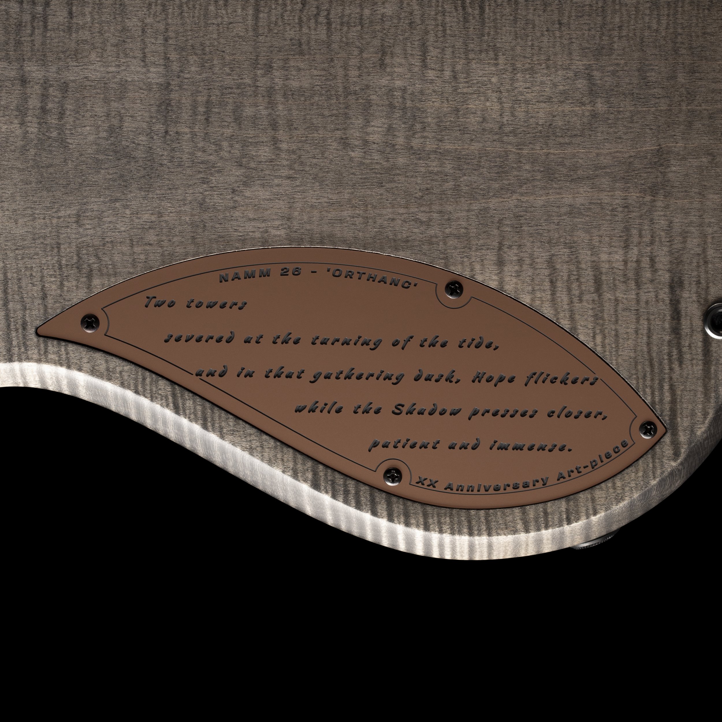 A GNG Giulio Negrin Guitar metallic plaque with engraved text, partially visible, attached to a textured wooden surface.
