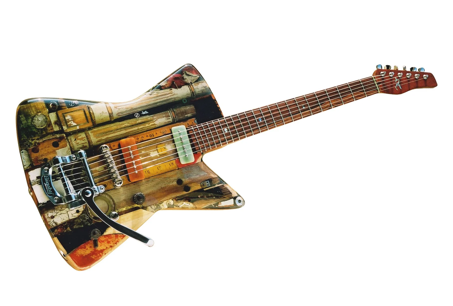 Electric Spalt guitar with a unique, artistic body design featuring various patterns and textures, including wood grains, metallic parts, and colorful accents, against a white background.
