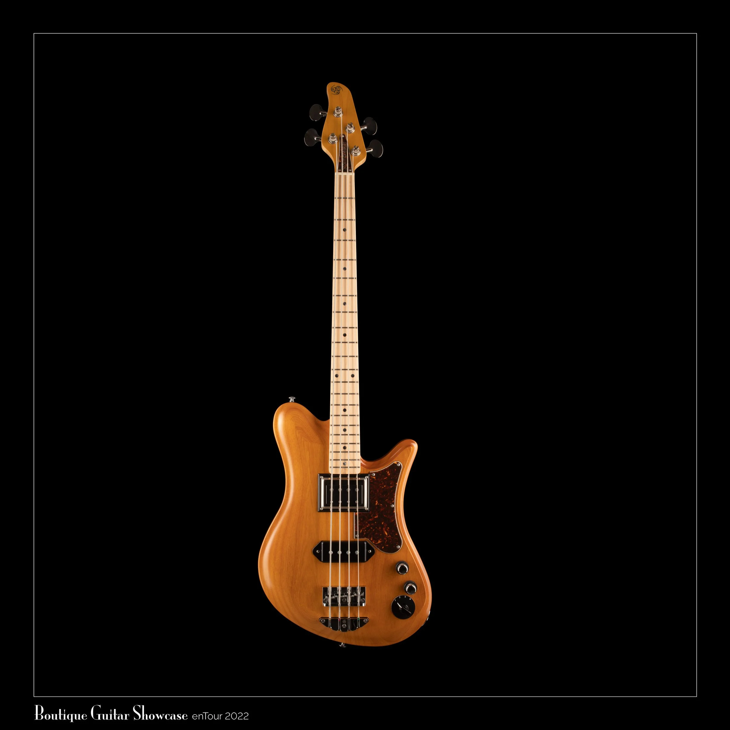 An OOPEGG electric bass guitar with a natural wood finish, four strings, black tuning pegs, and a tortoise shell pickguard, set against a black background.