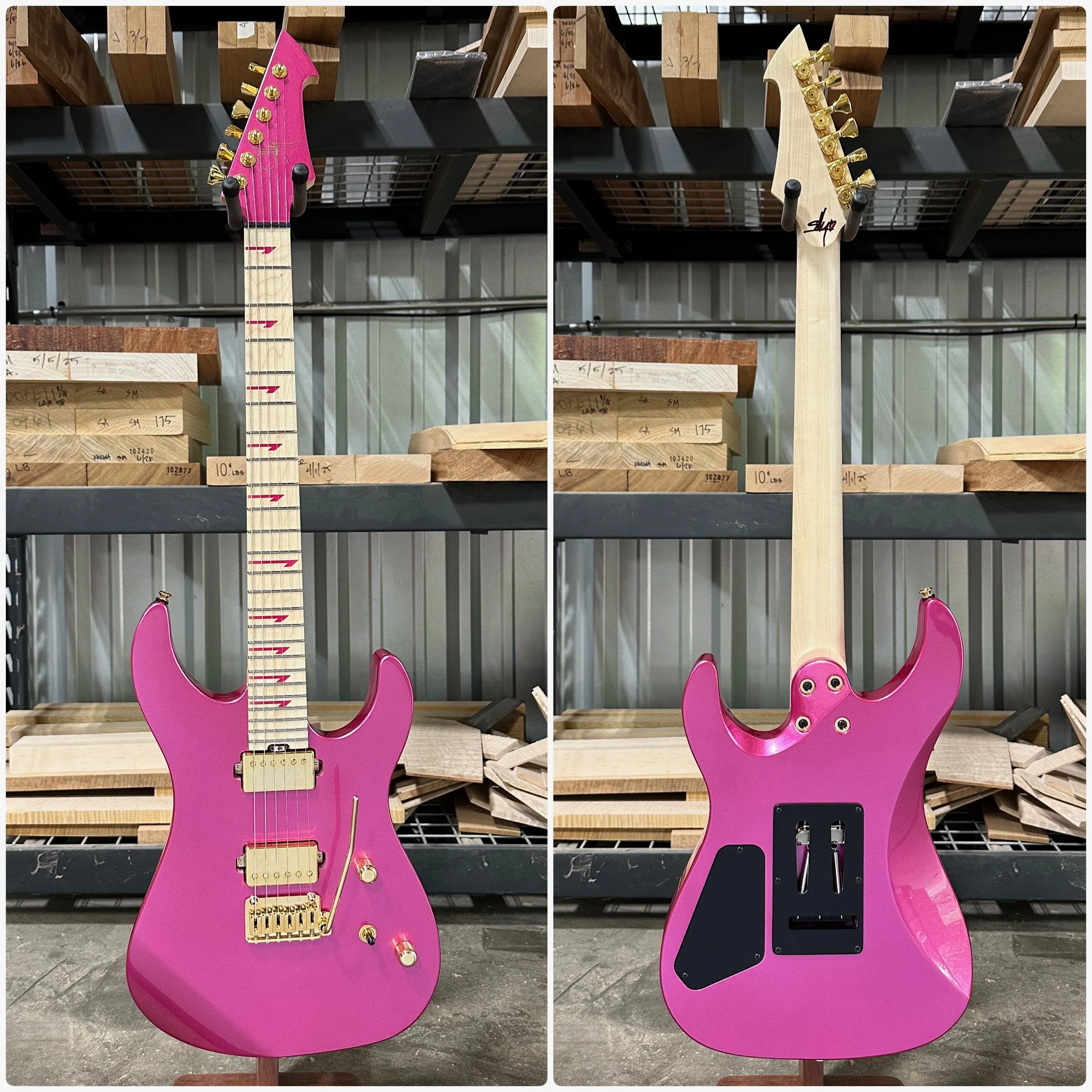 Image shows a pink electric Sully guitar, front view on the left side and rear view on the right side, in a woodworking or storage area with shelves of wood pieces in the background.