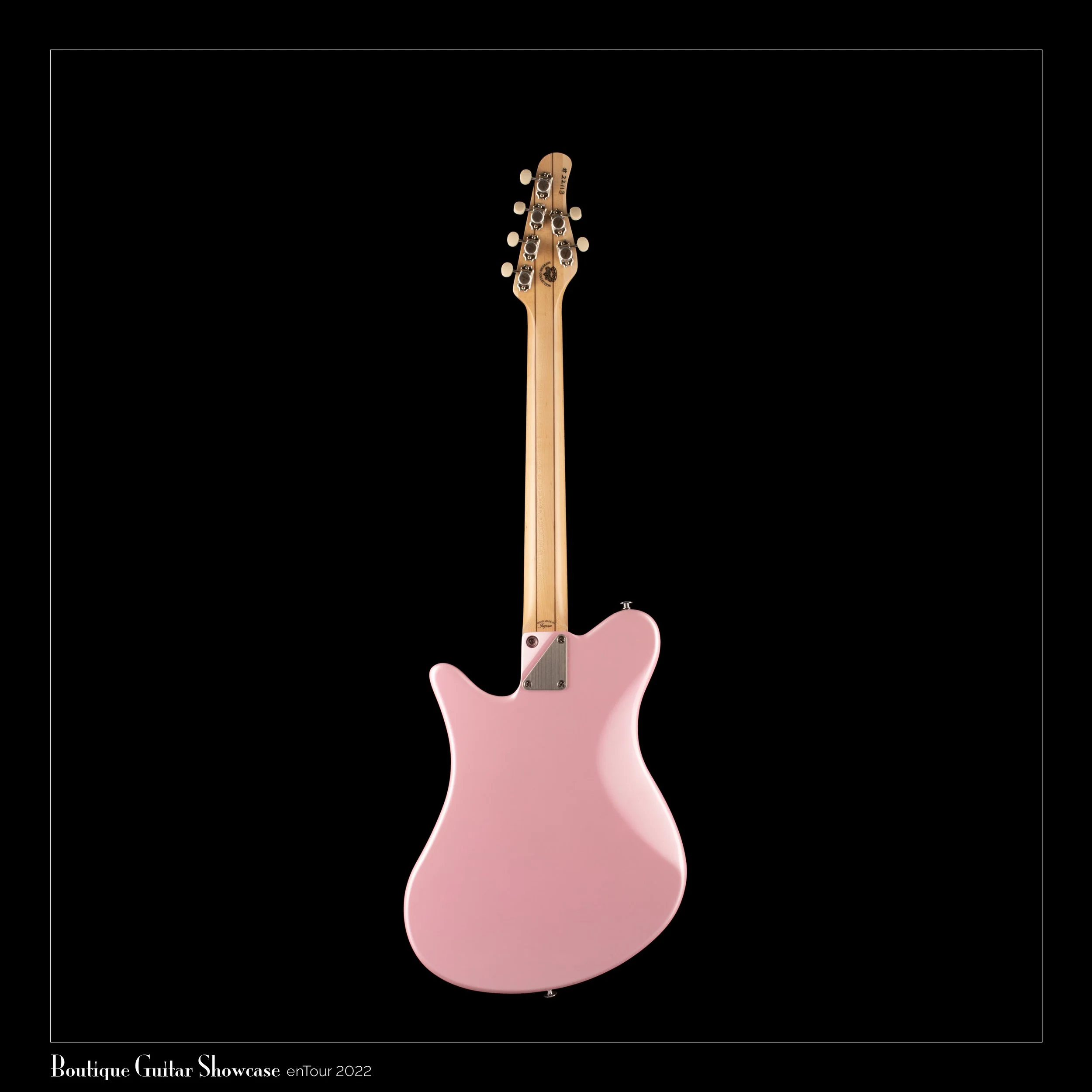 A pink electric OOPEGG guitar displayed on a black background from the back, showing the neck and body with hardware.